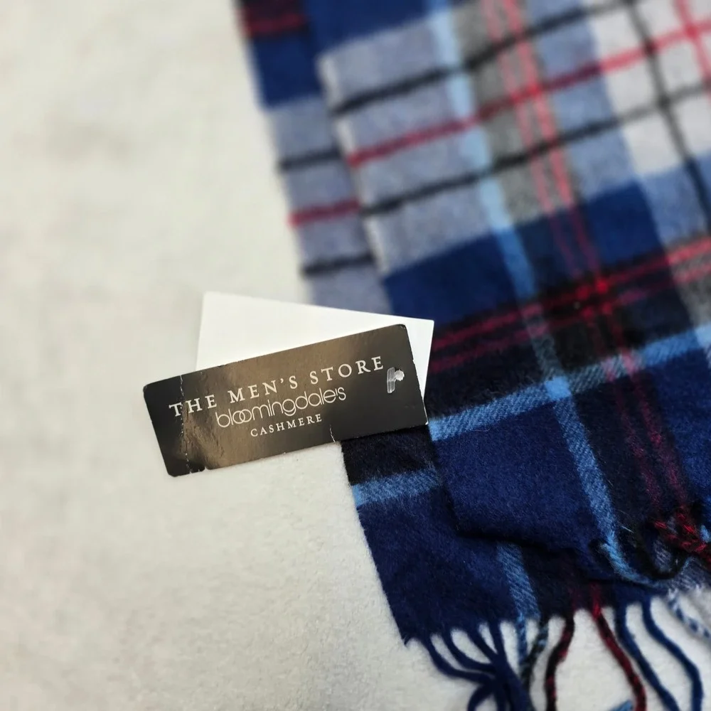 Bl@@mingdales The Mens Store Cashmere Scarf Mens OS Blue Fringe Tartan Plaid NEW